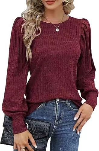 Placitiume Weiche Strickbluse für Damen – leichter Pullover mit Rundhalsausschnitt und Puffärmeln, burgunderfarben, XXL von Placitiume