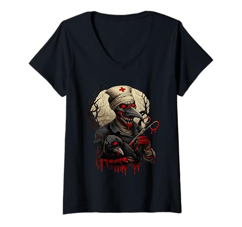 Damen Plague Doctor Medical Zombie Gruselige Krankenschwester Halloween T-Shirt mit V-Ausschnitt von Plague Doctor Medical Nurse Halloween