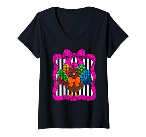 Damen Buntes kariertes Truthahn mit Sternen, Thanksgiving Grafik T-Shirt mit V-Ausschnitt Damen Buntes kariertes Truthahn mit Sternen, Thanksgiving Grafik T-Shirt mit V-Ausschnitt von Plaid Parade Co.