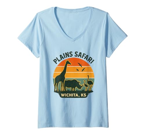 Damen Uni Safari Hemd Retro Wichita KS Giraffe Nashorn Strauß T-Shirt mit V-Ausschnitt von Plains Safari Tee Shirts for Wichita Zoo Animal