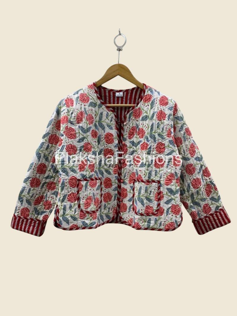 Handgefertigte Bedruckte Gesteppte Baumwolljacke | Kurzjacke Reversible Block Print Mantel Leichte, Florale Oberbekleidung Frühlings-Mantel von PlakshaVogue
