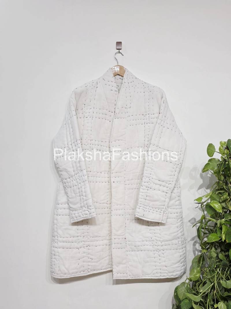 Weiß Gesteppte Baumwolle Lange Jacke | Jacke, Bademantel Cardigan Winter Gesteppter Mantel, Sommermantel, Handgefertigte Geschenkidee von PlakshaVogue