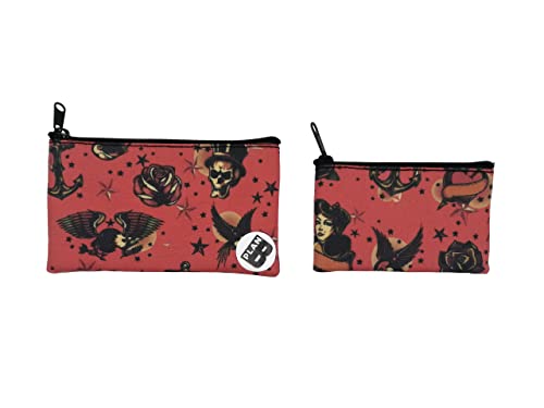 Plan B, Münzgeldbörse X2 Tattoo 02, 2er-Set Portemonnaie, Maße: 14 x 8 cm und 11 x 6 cm, Klassischen Tattoos auf rotem Hintergrund, Stoff, Klein und Leicht von Plan B