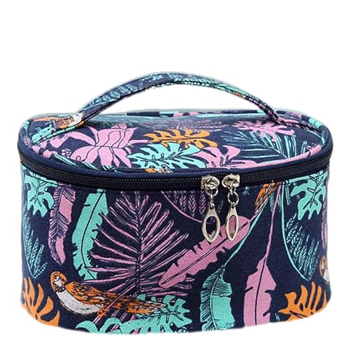 Make-up-Tasche aus Segeltuch, Motiv: tropische Bananenblätter, tragbar, Reise-Organizer, Aufbewahrungstasche, Kulturbeutel für Damen und Mädchen, Zugtasche mit Griff, Blau / Rosa, Blau/Pink, Blue Pink von Plancholo