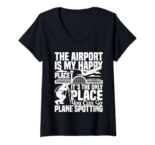 Damen Planespotter Flugzeug-Enthusiast Happy Place Planespotting T-Shirt mit V-Ausschnitt von Plane Spotting Illustration For Planes Spotters