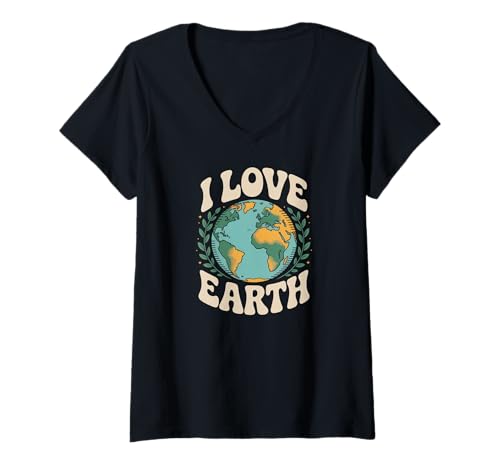 Damen I Love Earth Globe Umweltbotschaft T-Shirt mit V-Ausschnitt von Planet Conservation Awareness Earth Enthusiast