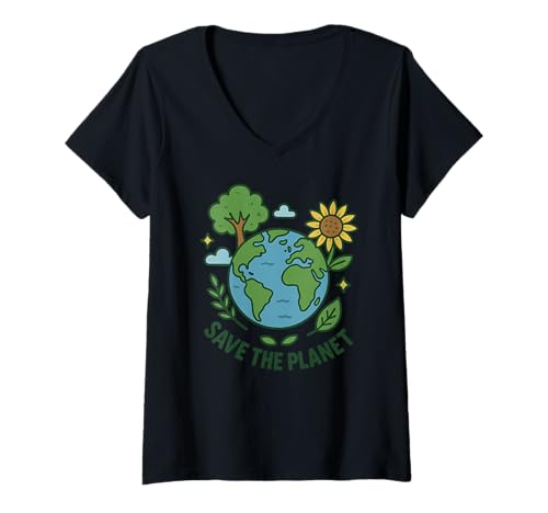 Damen Save The Planet - Sonnenblumenbaum Erde T-Shirt mit V-Ausschnitt Damen Save The Planet - Sonnenblumenbaum Erde T-Shirt mit V-Ausschnitt von Planet Earth Saver Design Co.