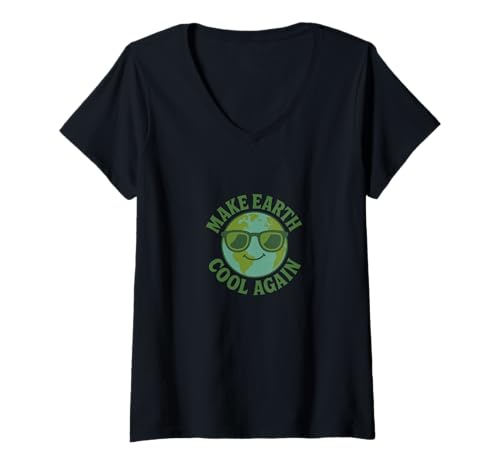 Damen Make Earth Cool Again Lustiges Öko-Klima-Bewusstseins-Design T-Shirt mit V-Ausschnitt von Planet Love Eco Emporiums