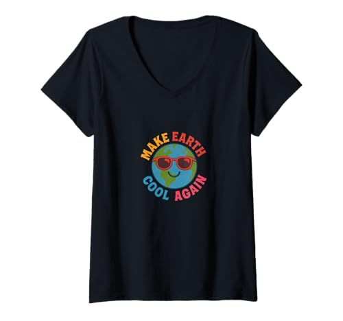 Damen Make Earth Cool Again Lustiges Öko-Klima-Bewusstseins-Design T-Shirt mit V-Ausschnitt von Planet Love Eco Style Emporiums