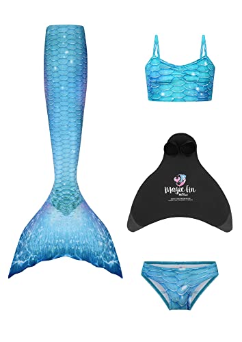 Planet Mermaid Kinder Deluxe Set Meerjungfrauenschwanz Badeanzug für Mädchen Inklusive führender Schwimmhilfe Magic Fin, Schwanz, Bauchfreies Top und Slip von Planet Mermaid