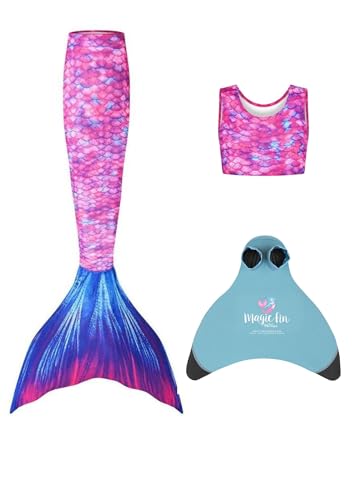 Planet Mermaid Mädchen Kinder 3-teilige lebendige Farben Schwimmen Meerjungfrau Schwanz, Crop Top & Verschleißfeste Magische Rosa Flosse Monoflosse Enthalten Ocean Kiss Alter 11-12 Jahre von Planet Mermaid