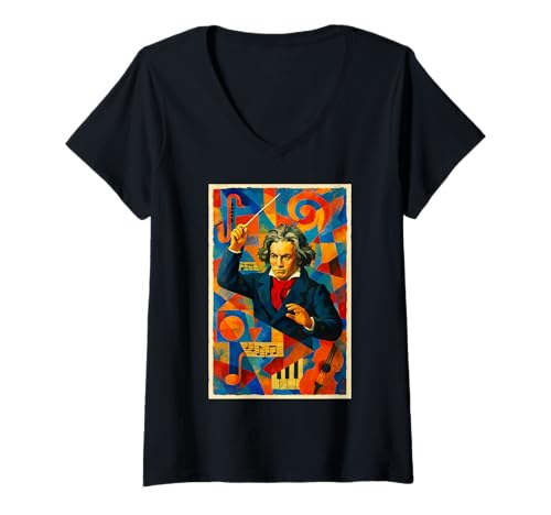 Damen Beethoven Dirigent Portrait Klassische Musik Kunst T-Shirt mit V-Ausschnitt Damen Beethoven Dirigent Portrait Klassische Musik Kunst T-Shirt mit V-Ausschnitt von PlanetEye Designs