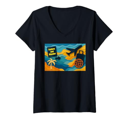 Damen Explore & Wander Travel Papercut Waves T-Shirt mit V-Ausschnitt Damen Explore & Wander Travel Papercut Waves T-Shirt mit V-Ausschnitt von PlanetEye Designs