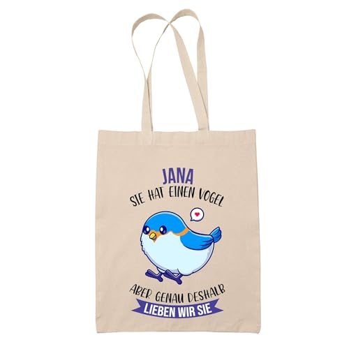 Baumwolltasche Jana - Sie hat einen Vogel - Geschenk Muttertag Geburtstag Schwester Weihnachten Tante Patentante Wiederverwendbarer Shopper von Planetee