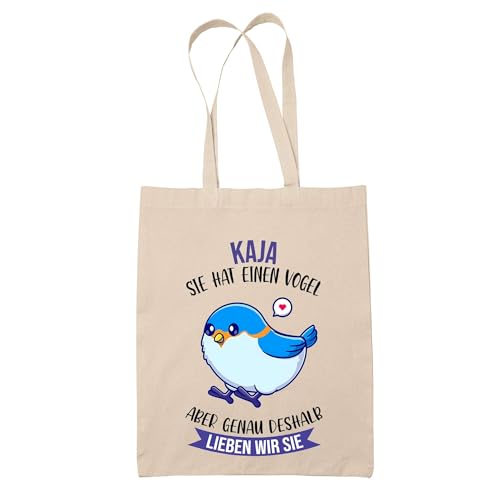 Baumwolltasche Kaja - Sie hat einen Vogel - Geschenk Muttertag Geburtstag Schwester Weihnachten Tante Patentante Wiederverwendbarer Shopper von Planetee