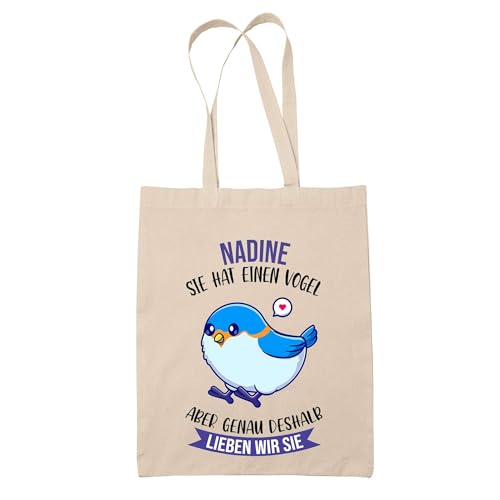 Baumwolltasche Nadine - Sie hat einen Vogel - Geschenk Muttertag Geburtstag Schwester Weihnachten Tante Patentante Wiederverwendbarer Shopper von Planetee