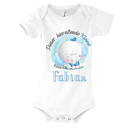 Fabian | Weißer Baby Body Kurzarm für Jungen | Sammlung: Dieser hinreißende Kleine heißt - Individueller Name | Süß und charmant Design des Elefanten für Neugeborener, Kleiner Prinz (3-6) von Planetee