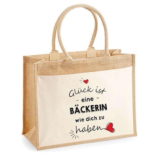 Jute-Shopper mit Vordertasche Bäckerin Glück ist eine wie dich zu haben | Wiederverwendbare Einkaufs- und Shoppingtasche Geschenk Muttertag Geburtstag Schwester Weihnachten Tante Patentante von Planetee