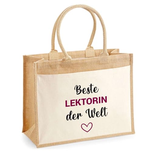 Jute-Shopper mit Vordertasche Beste Lektorin der Welt- Wiederverwendbare Einkaufs- und Shoppingtasche Geschenk Muttertag Geburtstag Schwester Weihnachten Tante Patentante von Planetee