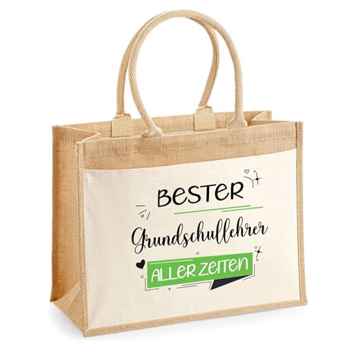 Jute-Shopper mit Vordertasche Bester Grundschullehrer aller Zeiten - wiederverwendbare Einkaufstasche, Geschenk zum Ruhestand, Abschied oder Geburtstag für Kollegen oder Chef von Planetee
