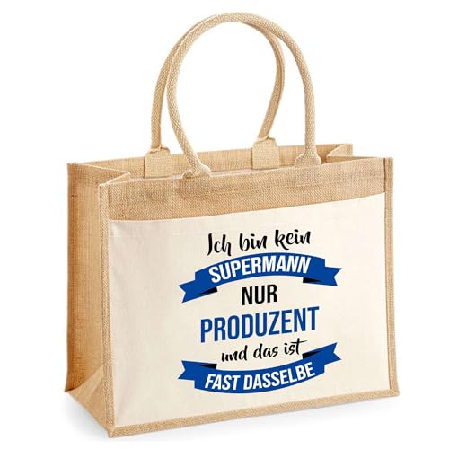 Jute-Shopper mit Vordertasche Bester Produzent Powermann - wiederverwendbare Einkaufstasche, Geschenk zum Ruhestand, Abschied oder Geburtstag für Kollegen oder Chef von Planetee