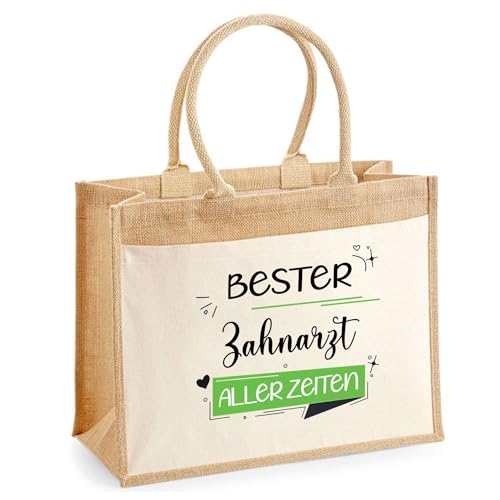 Jute-Shopper mit Vordertasche Bester Zahnarzt aller Zeiten - wiederverwendbare Einkaufstasche, Geschenk zum Ruhestand, Abschied oder Geburtstag für Kollegen oder Chef von Planetee