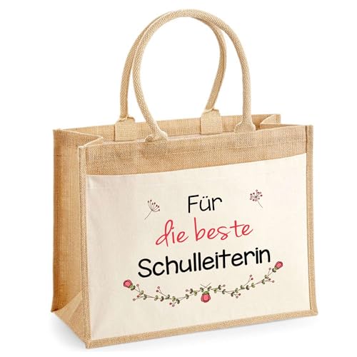 Jute-Shopper mit Vordertasche Für die beste Schulleiterin - wiederverwendbare Einkaufstasche, Geschenk zum Ruhestand, Abschied, Geburtstag - für Kollegin oder Chefin von Planetee