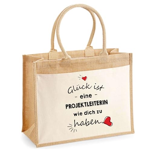 Jute-Shopper mit Vordertasche Projektleiterin Glück ist eine wie dich zu haben | Wiederverwendbare Einkaufs- und Shoppingtasche Geschenk Muttertag Geburtstag Schwester Weihnachten Tante Patentante von Planetee