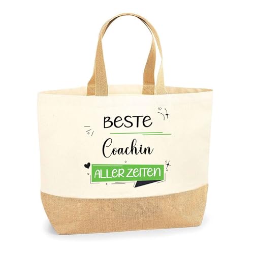 Jutebeutel Beste Coachin aller Zeiten - Einkaufstasche und Strandtasche aus Baumwolle und Jute, Geschenk zum Ruhestand, Abschied, Geburtstag für Kollegin oder Chefin von Planetee