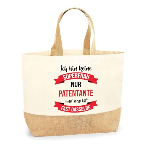Jutebeutel Beste Patentante Powerfau - Einkaufstasche und Strandtasche aus Baumwolle und Jute, Geschenk zum Ruhestand, Abschied, Geburtstag für Kollegin oder Chefin von Planetee