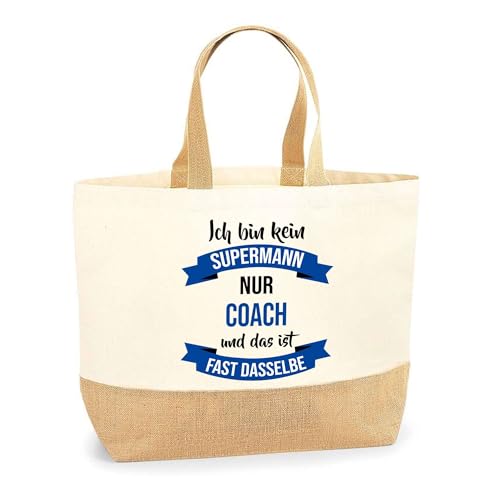 Jutebeutel Bester Coach Powermann - Einkaufstasche aus Baumwolle & Jute, Geschenk zum Geburtstag, Abschied oder Ruhestand für Kollegen oder Chef von Planetee