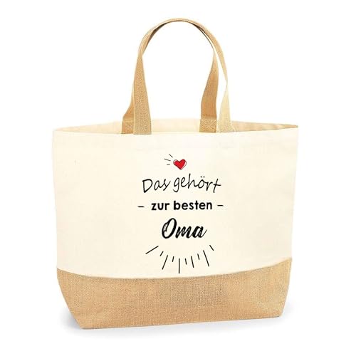 Jutebeutel Das gehört zur besten Oma - Einkaufstasche und Strandtasche aus Baumwolle und Jute, Geschenk zum Ruhestand, Abschied, Geburtstag für Kollegin oder Chefin von Planetee