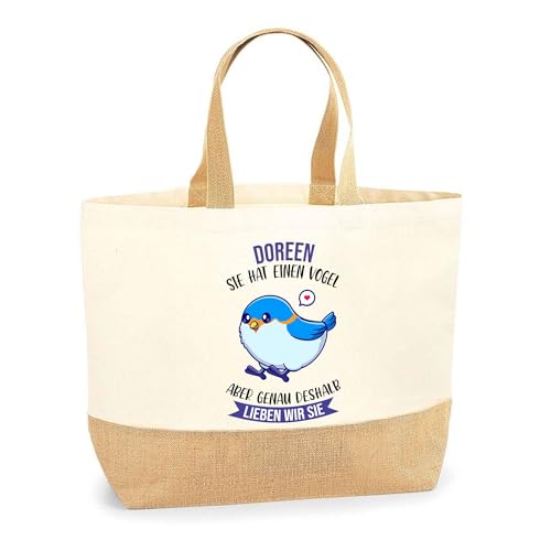 Jutebeutel Doreen - Sie hat einen Vogel - Einkaufstasche & Strandtasche aus Baumwolle und Jute Geschenk für Damen Geburtstag Muttertag Freundin Schwester Weihnachten von Planetee