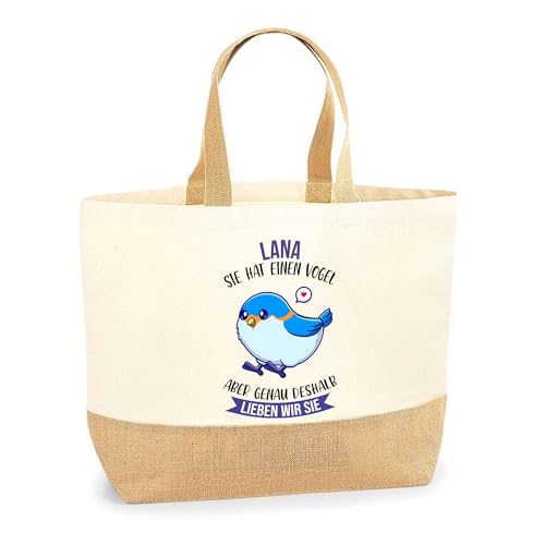 Jutebeutel Lana - Sie hat einen Vogel - Einkaufstasche & Strandtasche aus Baumwolle und Jute Geschenk für Damen Geburtstag Muttertag Freundin Schwester Weihnachten von Planetee
