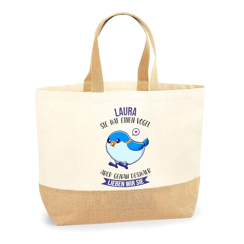 Jutebeutel Laura - Sie hat einen Vogel - Einkaufstasche & Strandtasche aus Baumwolle und Jute Geschenk für Damen Geburtstag Muttertag Freundin Schwester Weihnachten von Planetee