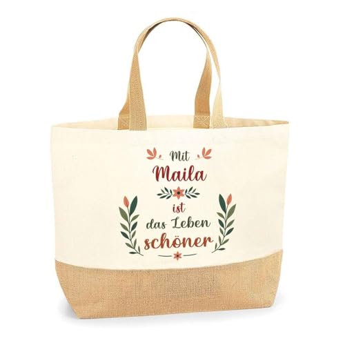Jutebeutel Maila Leben schöner– Einkaufstasche & Strandtasche aus Baumwolle und Jute Geschenk für Damen Geburtstag Muttertag Freundin Schwester Weihnachten von Planetee