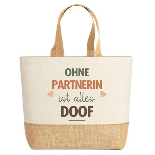 Jutebeutel Ohne Partnerin ist alles Doof– Einkaufstasche & Strandtasche aus Baumwolle und Jute Geschenk für Damen Geburtstag Muttertag Freundin Schwester Weihnachten von Planetee