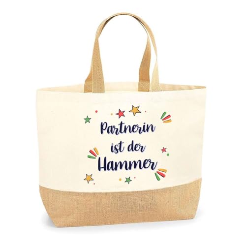 Jutebeutel Partnerin ist der Hammer– Einkaufstasche & Strandtasche aus Baumwolle und Jute Geschenk für Damen Geburtstag Muttertag Freundin Schwester Weihnachten von Planetee