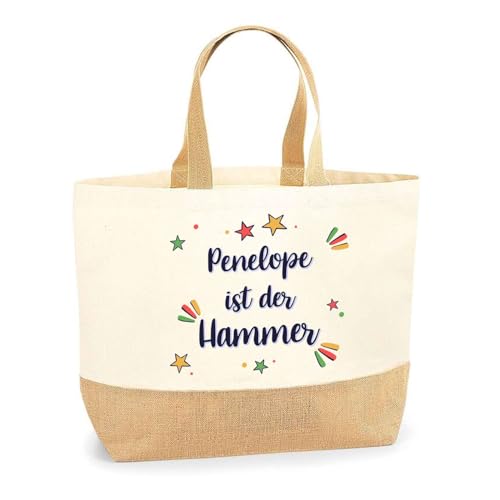 Jutebeutel Penelope ist der Hammer– Einkaufstasche & Strandtasche aus Baumwolle und Jute Geschenk für Damen Geburtstag Muttertag Freundin Schwester Weihnachten von Planetee