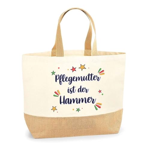 Jutebeutel Pflegemutter ist der Hammer– Einkaufstasche & Strandtasche aus Baumwolle und Jute Geschenk für Damen Geburtstag Muttertag Freundin Schwester Weihnachten von Planetee