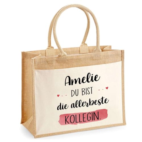 Planetee Jute-Shopper mit Vordertasche Amelie allerbeste Kollegin - Einkaufs und Shoppingtasche Geschenk Ruhestand Abschied Geburtstag Secret Santa für Kollegin oder Chefin von Planetee