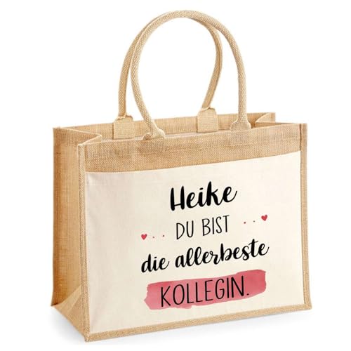 Planetee Jute-Shopper mit Vordertasche Heike allerbeste Kollegin - Einkaufs und Shoppingtasche Geschenk Ruhestand Abschied Geburtstag Secret Santa für Kollegin oder Chefin von Planetee