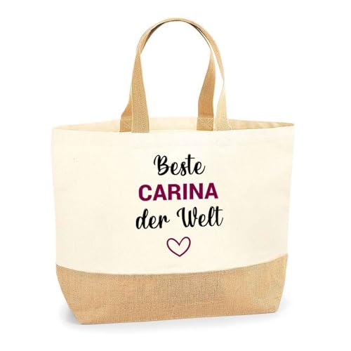 Planetee Jutebeutel Beste Carina der Welt– Einkaufstasche & Strandtasche aus Baumwolle und Jute Geschenk für Damen Geburtstag Muttertag Freundin Schwester Weihnachten von Planetee