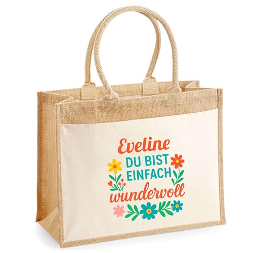 Planetee Jutebeutel Eveline – Einkaufstasche mit Blumenmotiv und Spruch Du bist einfach wundervoll – Persönliches Geschenk für Frauen von Planetee