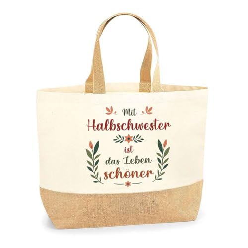 Planetee Jutebeutel Halbschwester Leben schöner– Einkaufstasche & Strandtasche aus Baumwolle und Jute Geschenk für Damen Geburtstag Muttertag Freundin Schwester Weihnachten von Planetee