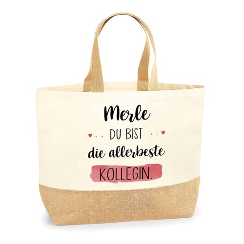 Planetee Jutebeutel Merle allerbeste Kollegin - Einkaufs und Strandtasche Baumwolle Jute Geschenk Ruhestand Abschied Geburtstag Secret Santa für Kollegin oder Chefin von Planetee