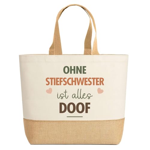 Planetee Jutebeutel Ohne Stiefschwester ist alles Doof– Einkaufstasche & Strandtasche aus Baumwolle und Jute Geschenk für Damen Geburtstag Muttertag Freundin Schwester Weihnachten von Planetee