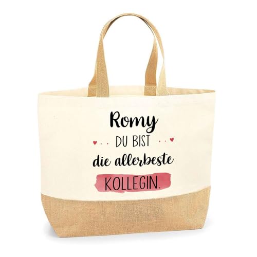 Planetee Jutebeutel Romy allerbeste Kollegin - Einkaufs und Strandtasche Baumwolle Jute Geschenk Ruhestand Abschied Geburtstag Secret Santa für Kollegin oder Chefin von Planetee