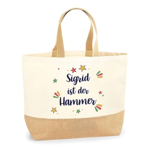 Planetee Jutebeutel Sigrid ist der Hammer– Einkaufstasche & Strandtasche aus Baumwolle und Jute Geschenk für Damen Geburtstag Muttertag Freundin Schwester Weihnachten von Planetee