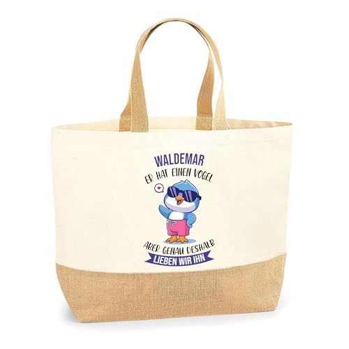 Planetee Jutebeutel Waldemar - Er hat einen Vogel - Einkaufstasche & Strandtasche aus Baumwolle und Jute, Geschenk für Männer, Geburtstag, Vatertag, Bruder oder Freund, Weihnachten von Planetee